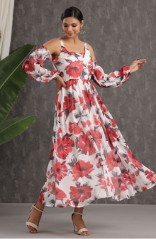Women's White Chiffon Printed Flared Dress