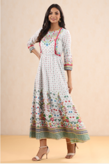 Women's White Rayon Printed Anarkali Dress with Tie-up Dori