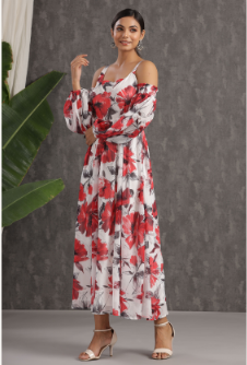 Women's White Chiffon Printed Flared Dress