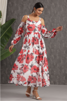 Women's White Chiffon Printed Flared Dress
