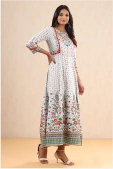 Women's White Rayon Printed Anarkali Dress with Tie-up Dori