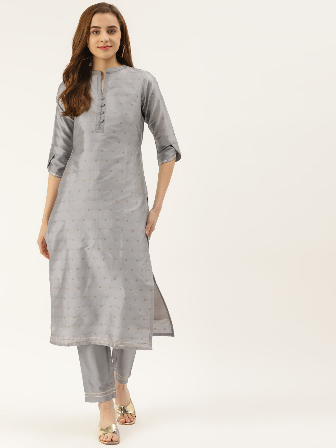 Women's Grey Color Silk Blend Straight Embellished Kurta Pant Set