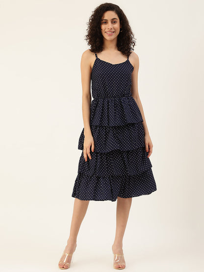 Women's Navy Blue Color Chiffon Self Design A-Line Layered Dress