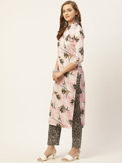 Women's Pink Color Rayon Blend Straight Foil Printed Kurta Palazzo Set