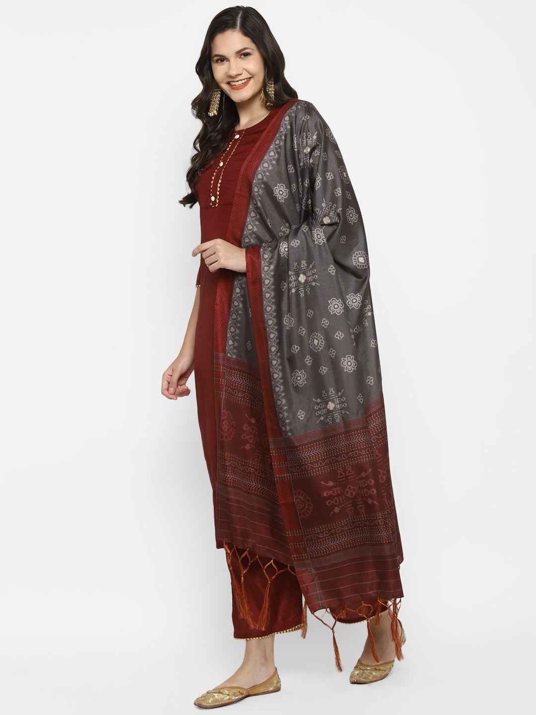 Women's Maroon Color Silk Blend Straight Kurta Palazzo With Dupatta