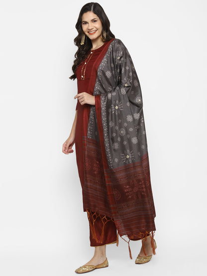 Women's Maroon Color Silk Blend Straight Kurta Palazzo With Dupatta