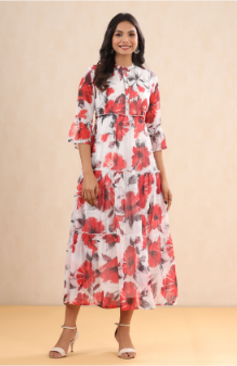 Women's White Chiffon Printed Tiered Dress