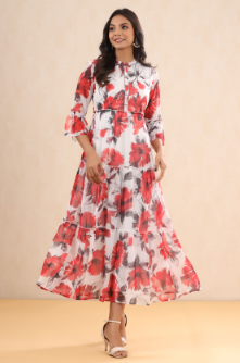 Women's White Chiffon Printed Tiered Dress