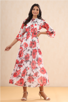 Women's White Chiffon Printed Tiered Dress