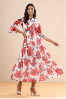 Women's White Chiffon Printed Tiered Dress