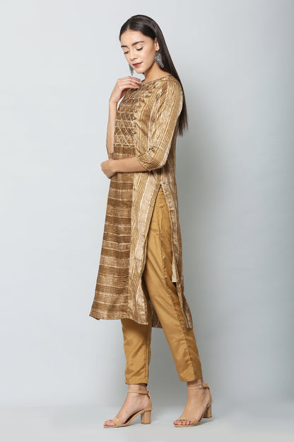 Women's Gold Color Satin Blend Straight Printed Kurta Pant Set
