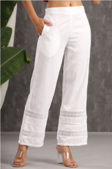Women's White Rayon Solid Flared Palazzo with Lacework