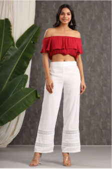 Women's White Rayon Solid Flared Palazzo with Lacework