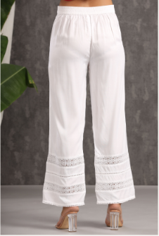 Women's White Rayon Solid Flared Palazzo with Lacework