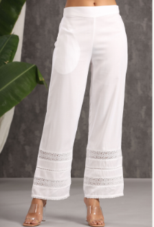 Women's White Rayon Solid Flared Palazzo with Lacework