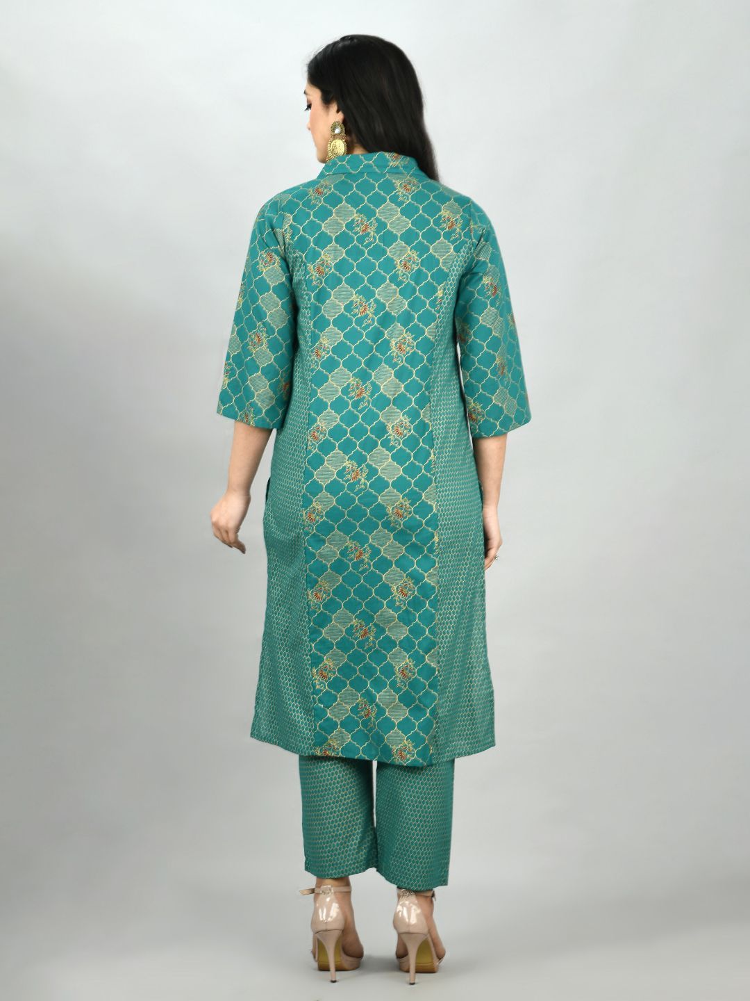 Women's Green Cotton Printed 3/4 Sleeve Shirt Coller Casual Kurta Pant Set