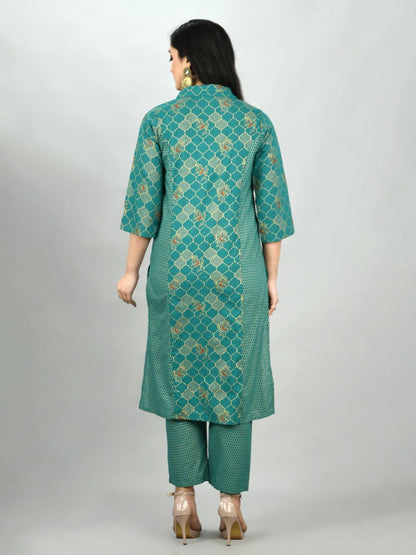 Women's Green Cotton Printed 3/4 Sleeve Shirt Coller Casual Kurta Pant Set