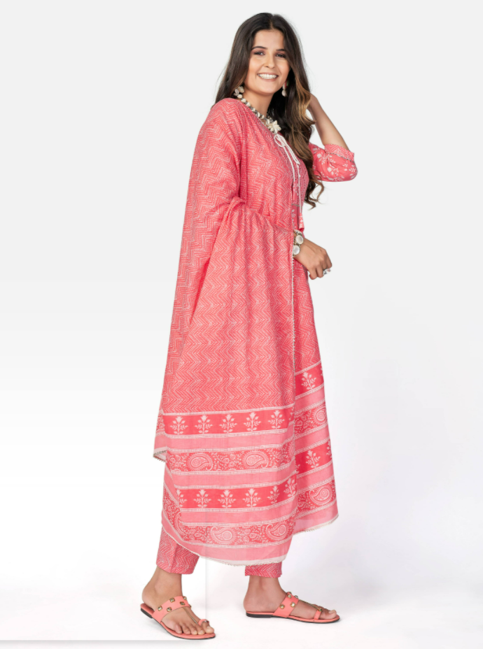 Women's Pink Anarkali Cotton Kurta With Pant & Dupatta By Vbuyz (3