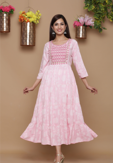 Rayon Embroidered Tiered Dress