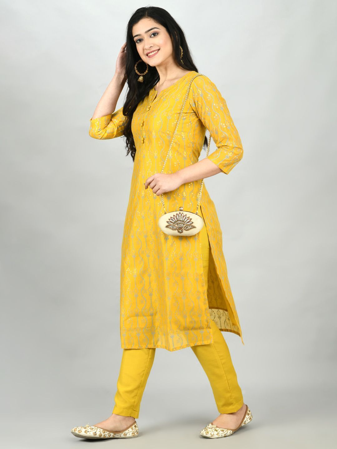 Women's Yellow Chanderi Printed 3/4 Sleeve Round Neck Casual Kurta Pant Set