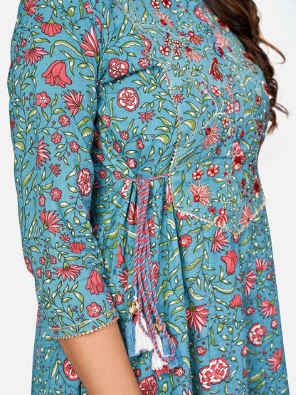 Women's Printed & Embroidered Anarkali Cotton Turquoise Kurta (1Pc)