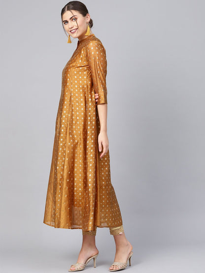 Women's Mustard Chanderi Printed Layered Kurta