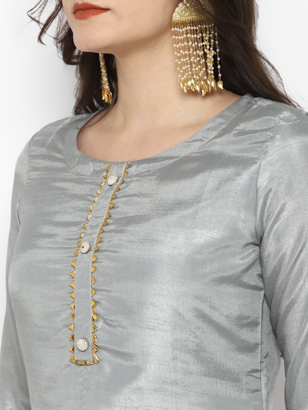 Women's Grey Color Silk Blend Straight Kurta Palazzo With Dupatta