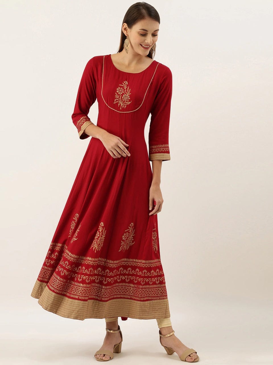 Women's Maroon & Golden Foil Printed Anarkali Kurta