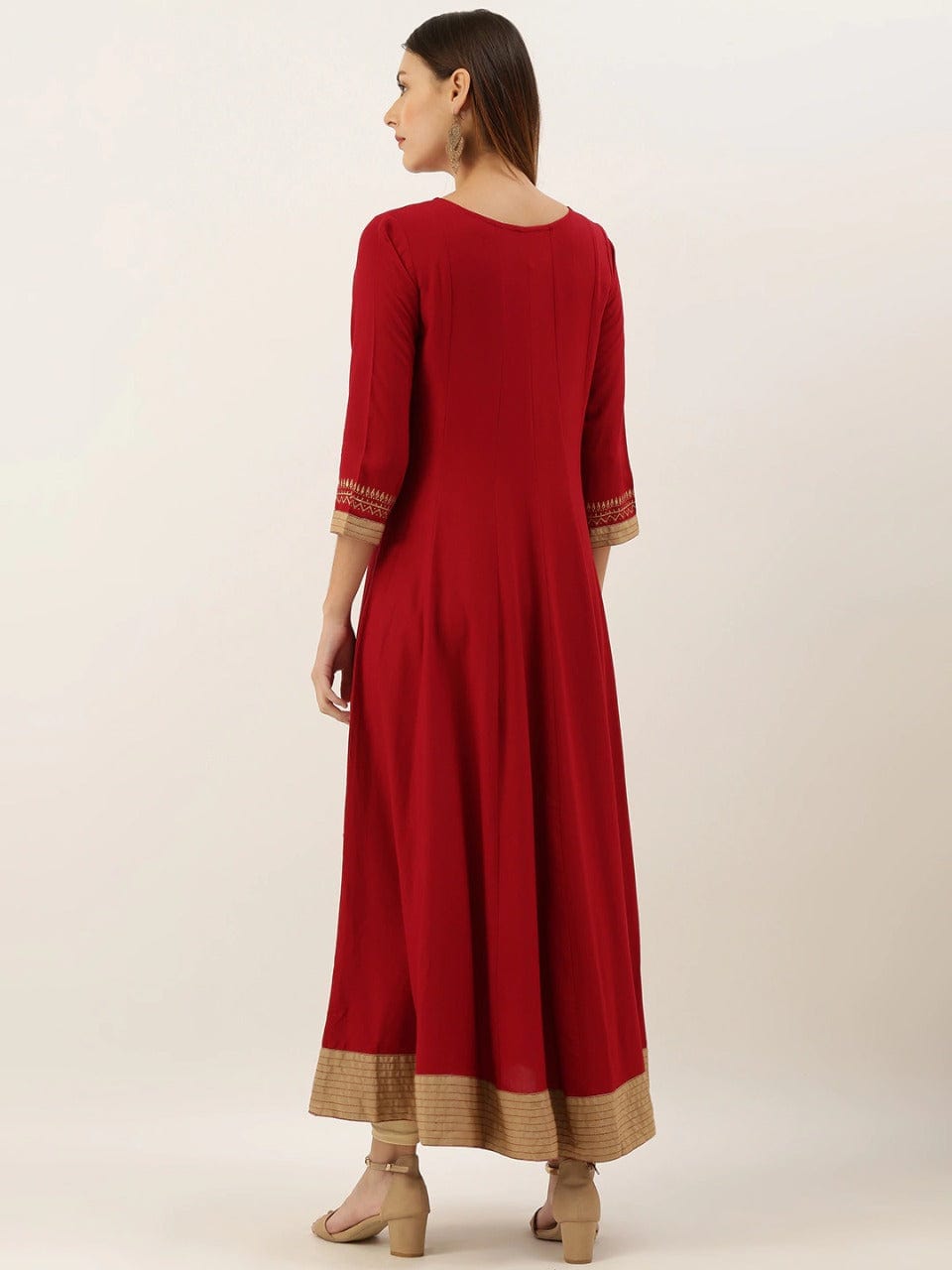 Women's Maroon & Golden Foil Printed Anarkali Kurta
