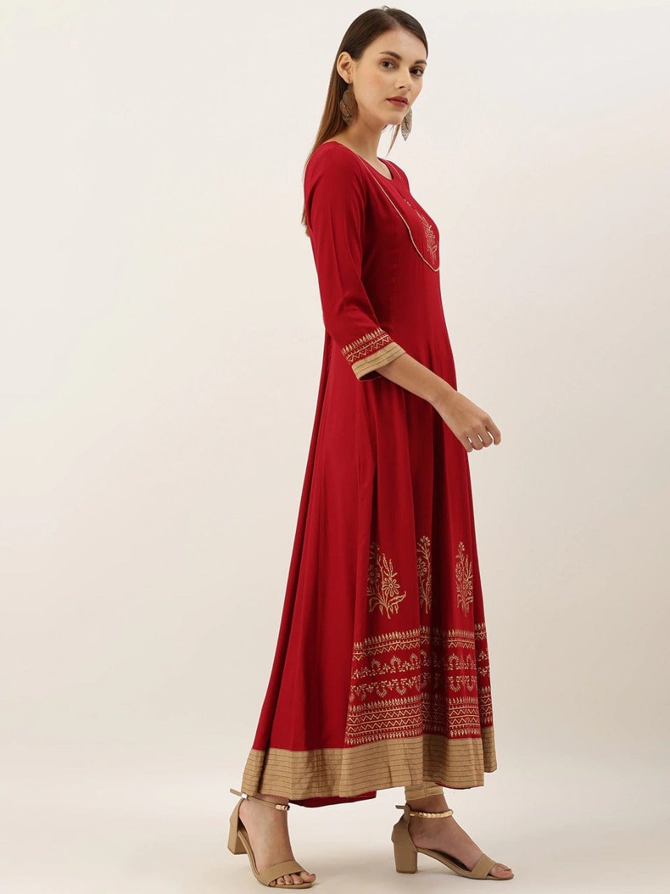Women's Maroon & Golden Foil Printed Anarkali Kurta