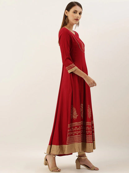Women's Maroon & Golden Foil Printed Anarkali Kurta