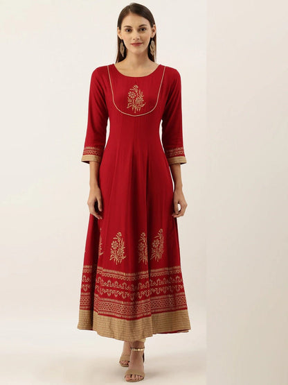 Women's Maroon & Golden Foil Printed Anarkali Kurta