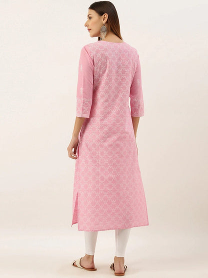 Women's Pink & White Printed Straight Kurta