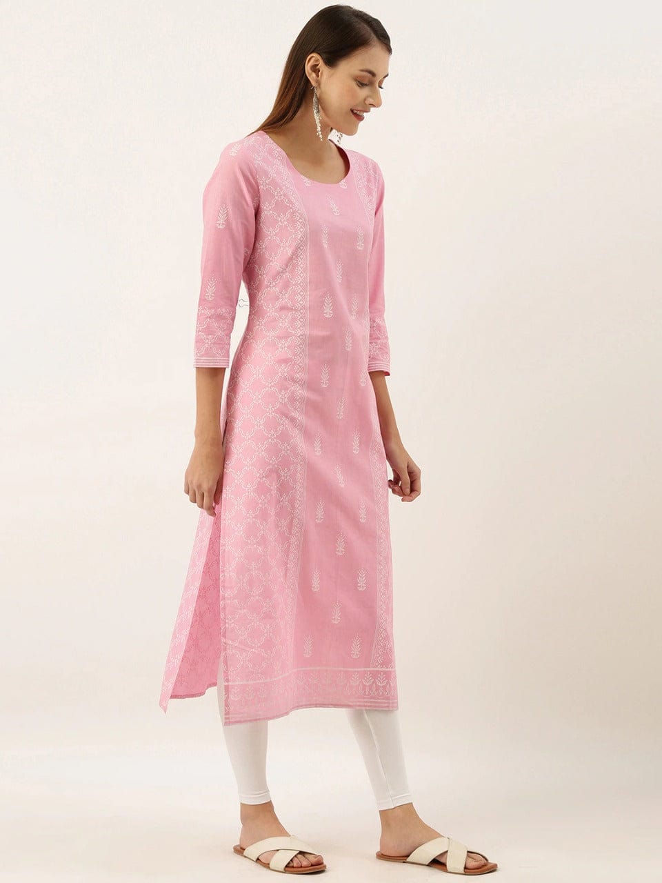 Women's Pink & White Printed Straight Kurta