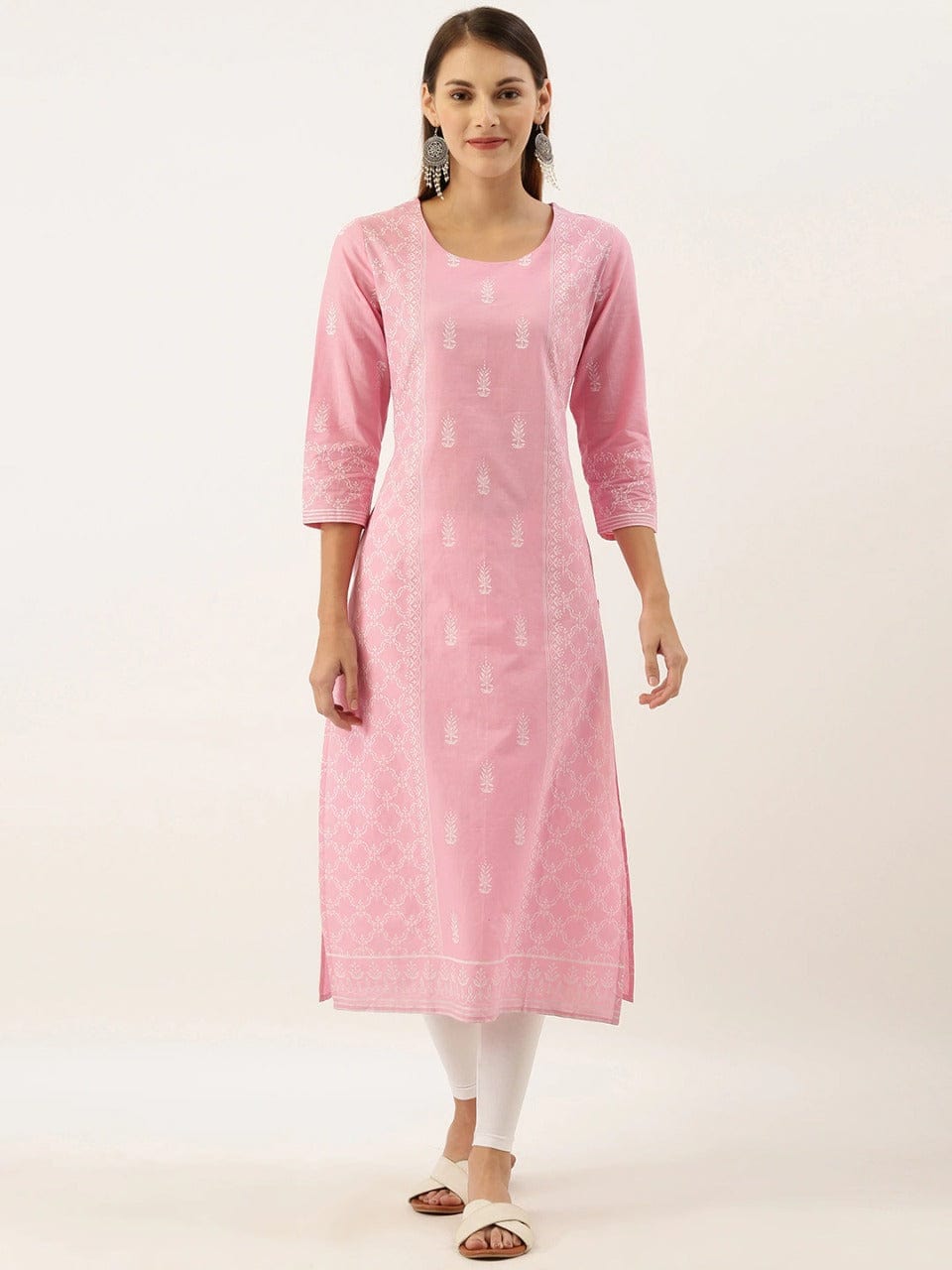 Women's Pink & White Printed Straight Kurta