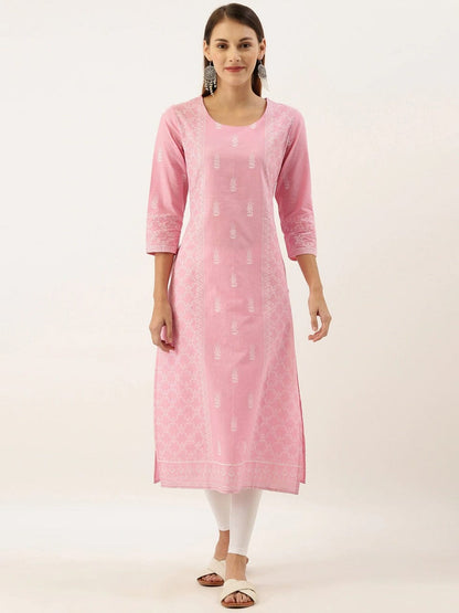 Women's Pink & White Printed Straight Kurta