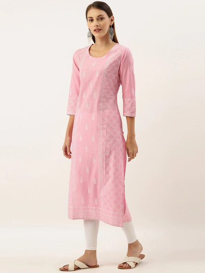 Women's Pink & White Printed Straight Kurta