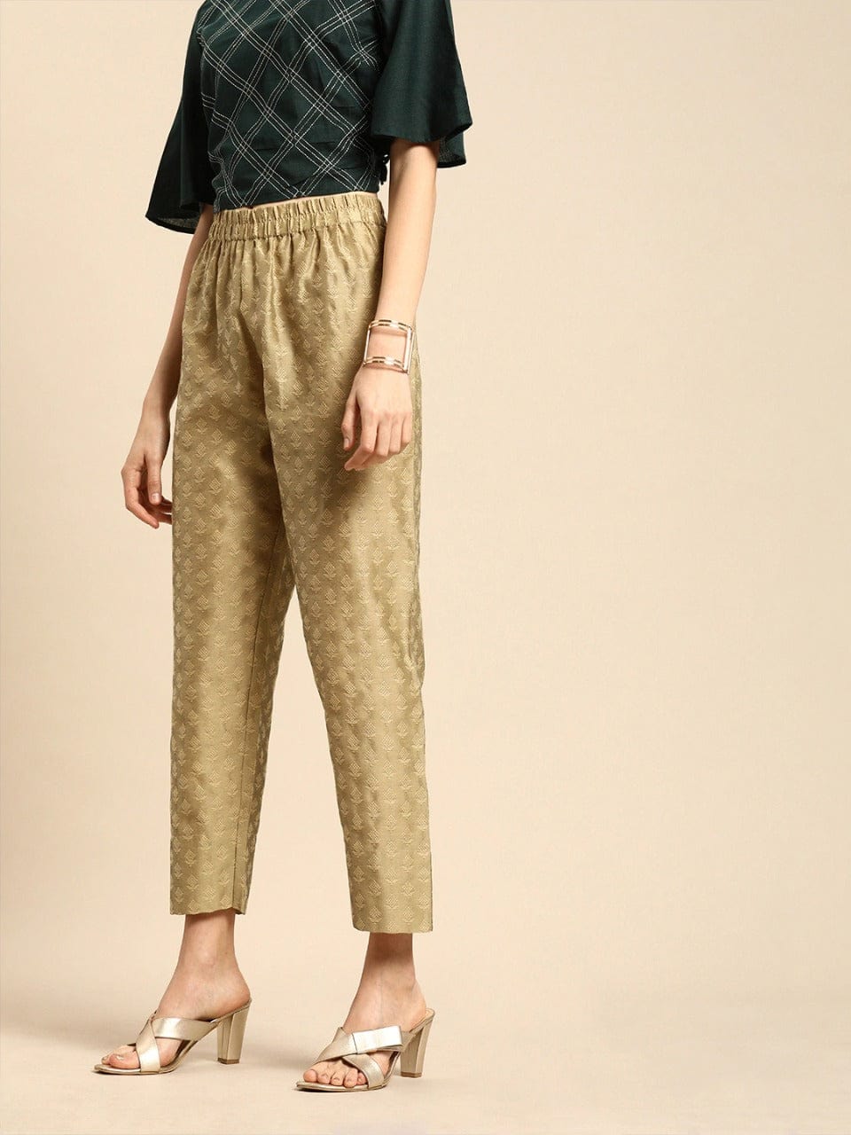 Women's Golden & Beige Regular Fit Woven Design Cropped Regular Trousers