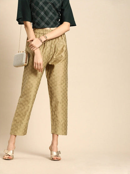 Women's Golden & Beige Regular Fit Woven Design Cropped Regular Trousers