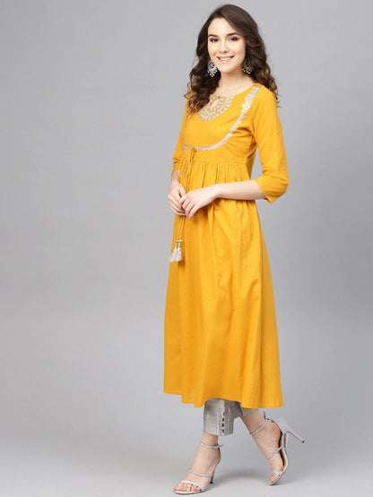 Women's Mustard Yellow Yoke Design Cotton Gathered Keyhole Neck Kurta