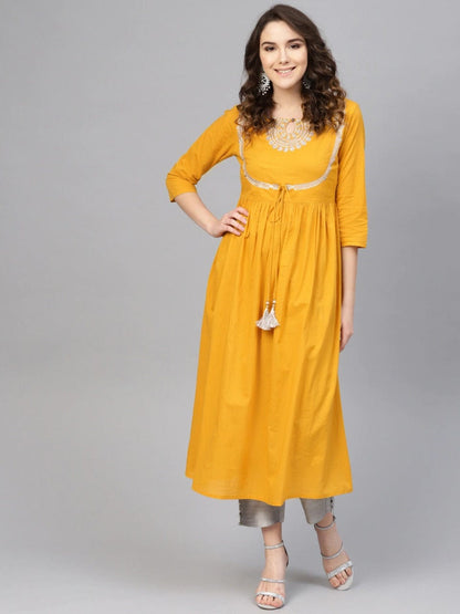 Women's Mustard Yellow Yoke Design Cotton Gathered Keyhole Neck Kurta