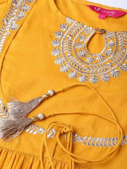 Women's Mustard Yellow Yoke Design Cotton Gathered Keyhole Neck Kurta
