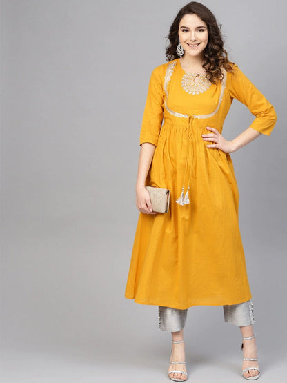 Women's Mustard Yellow Yoke Design Cotton Gathered Keyhole Neck Kurta