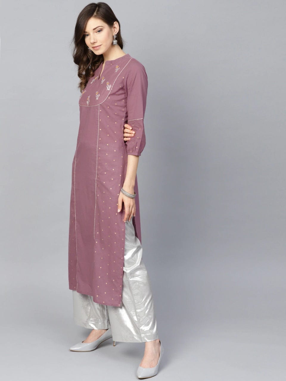 Women's Purple Foil Print Straight Kurta