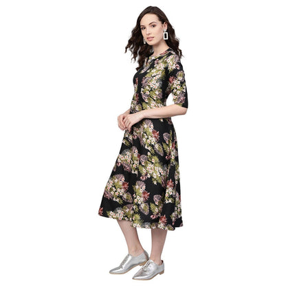 Women Blac Floral Printed Dress by Myshka (