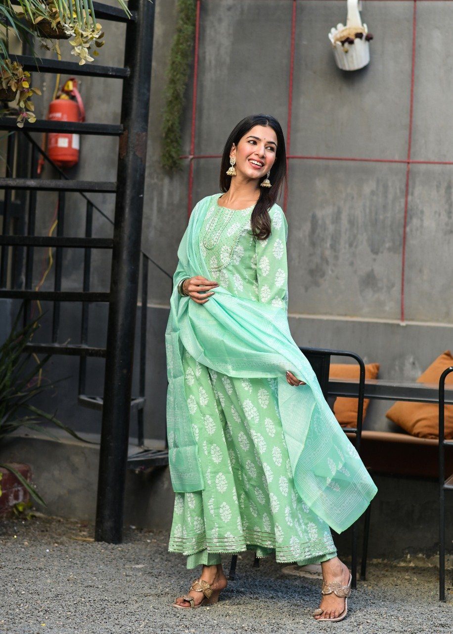 Women's Green Handblock Dupatta Set