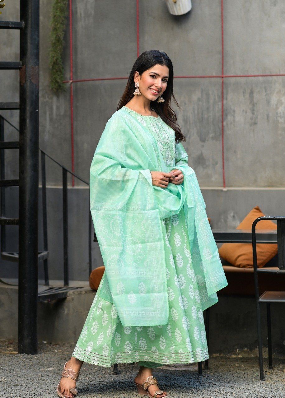 Women's Green Handblock Dupatta Set