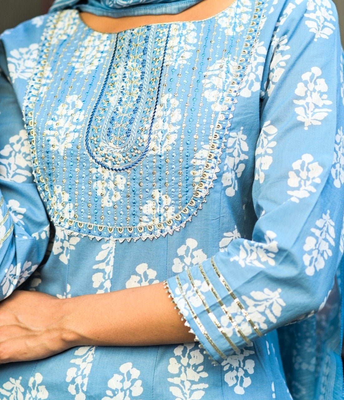 Women's Blue & White Embroidered Handblock Anarkali Kurta With Trousers & Dupatta Set