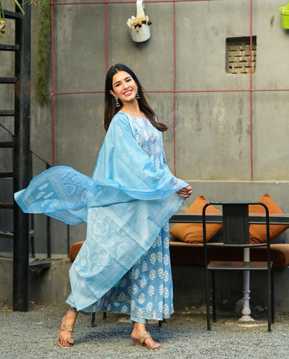 Women's Blue & White Embroidered Handblock Anarkali Kurta With Trousers & Dupatta Set