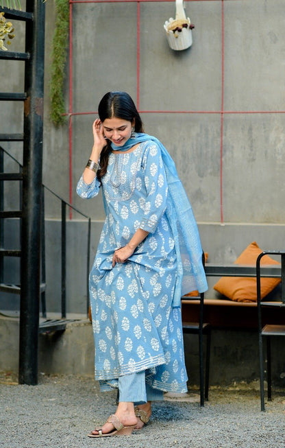 Women's Blue & White Embroidered Handblock Anarkali Kurta With Trousers & Dupatta Set